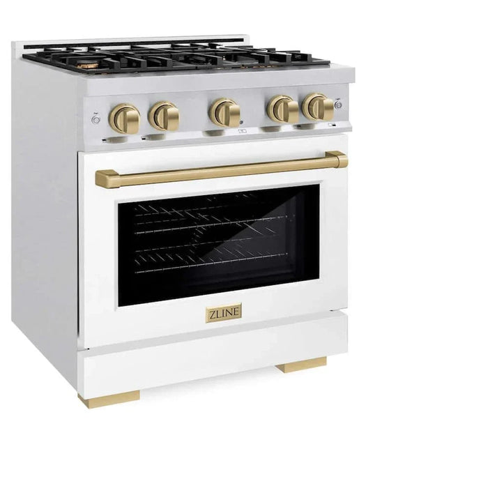 ZLINE 30" Select Gas Range Convection Gas Oven DuraSnow® Stainless Steel White Matte Door Champagne Bronze HGRSZ-WM-30-CB09K