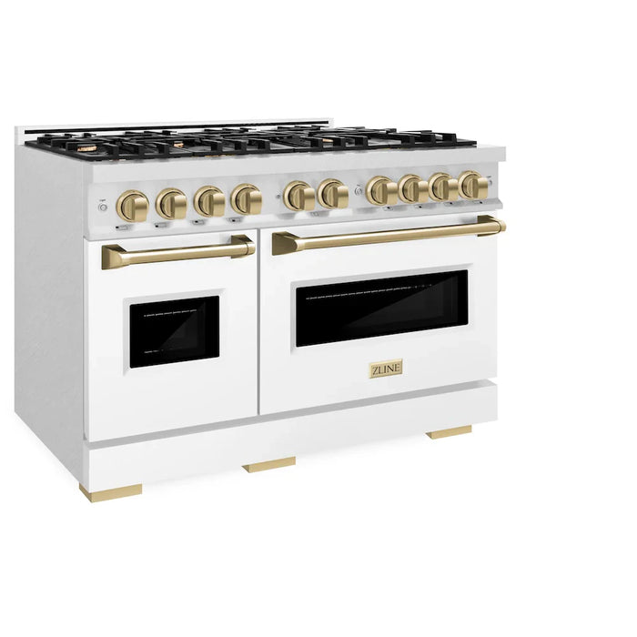 ZLINE 48" Classic Double Oven Dual Fuel Range, 8 Burner Gas Cooktop, Satin Stainless Steel, White Matte Doors, Accents CDRSZ-WM-48-CB09K
