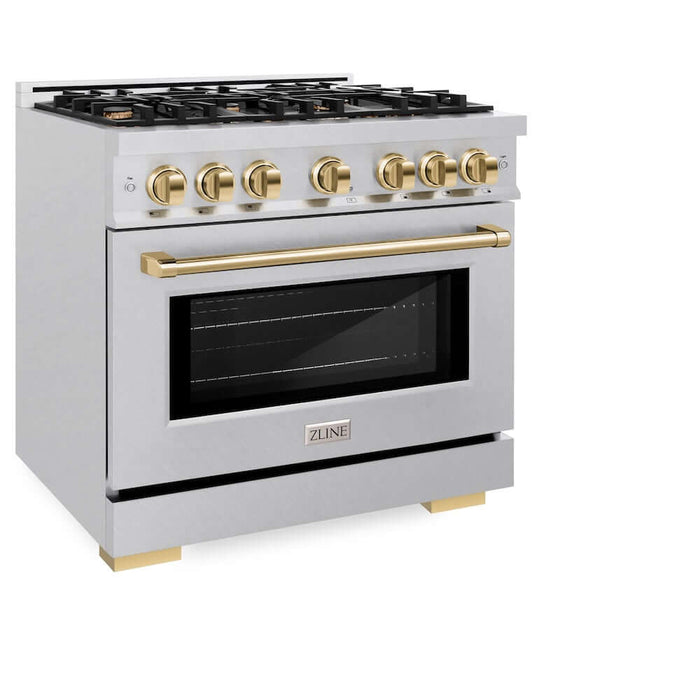 ZLINE 36" Select Dual Fuel Range Gas Cooktop Electric Convection Oven DuraSnow® Stainless Steel Gold HDRSZ-36-G09K