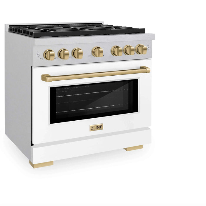 ZLINE 36"Paramount Dual Fuel Range DuraSnow® White Matte, Champagne Bronze SDRSZ-WM-36-CB09K