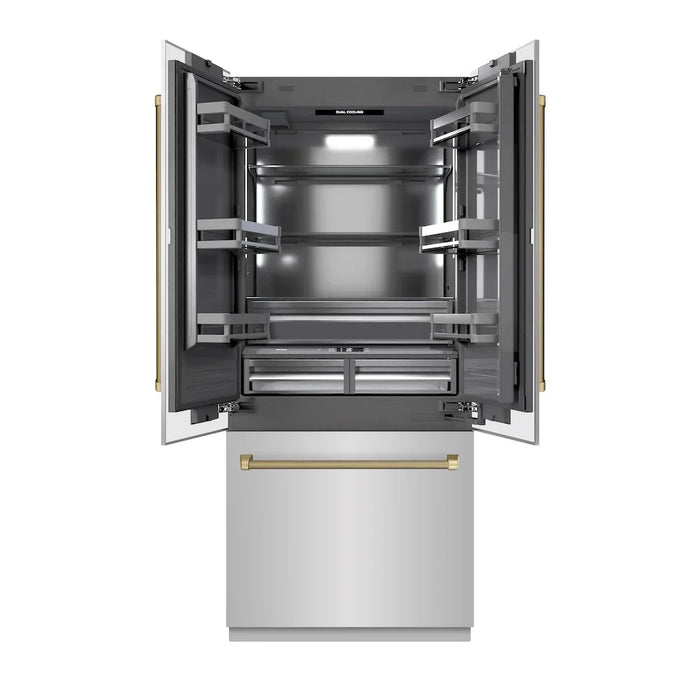 ZLINE Autograph Edition 36" French Door Built-In Bottom Freezer Refrigerator, Water Dispenser, Ice Maker, Stainless Steel, Graphite Gray Interior, Helix Handles GRBIVZ-30436KCB09K