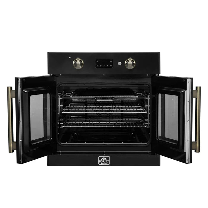 Forno Asti 30"French Door Electric Wall Oven in Black with Antique Brass Trim, FBOEL1333-30BLK09K