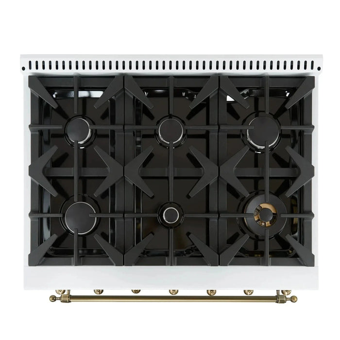 Forno Antico 36" Gas Range 6 Gas Burner Cooktop, Gas Convection Oven White, Antique Brass Trim, FFSGS6219-36WHT09K
