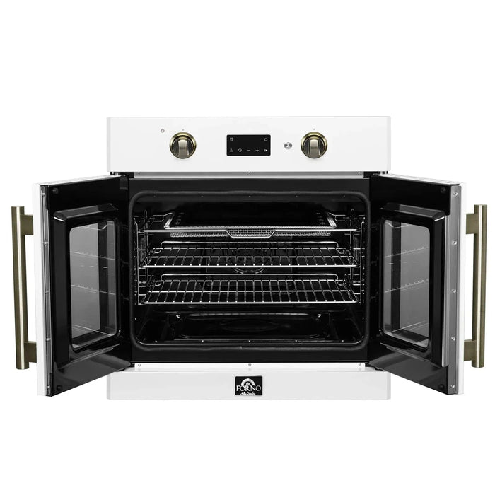 Forno Asti 30"French Door Electric Wall Oven in White with Antique Brass Trim, FBOEL1333-30WHT09K