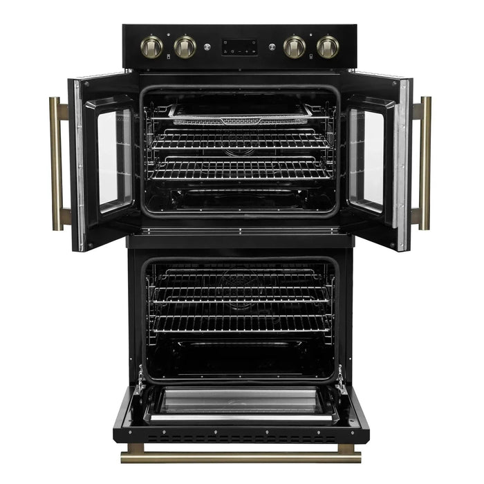 Forno Asti 30" Double Electric Wall Oven, Upper French Doors, Black with Antique Brass Trim, FBOEL1340-30BLK09K