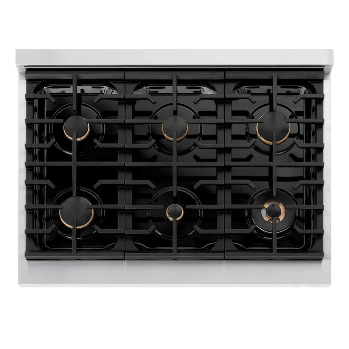 ZLINE Autograph Edition 36" Paramount Dual Fuel Range, 6 Burner Gas Cooktop, Electric Convection Oven, Stainless Steel, Helix Handle and Knob SDRZ-36-KCB09K