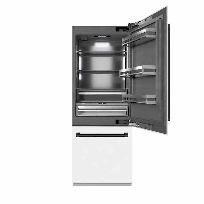 ZLINE 30" Built-In Bottom Freezer Refrigerator with Water Dispenser, Ice Maker, White Matte, Graphite Gray Interior, Matte Black GRBIVZ-WM-30-MB09K