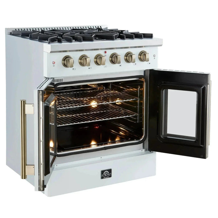 Forno Galiano 30" French Door Freestanding All Gas Range, White, Antique Brass Trim, FFSGS6444-30WHT09K