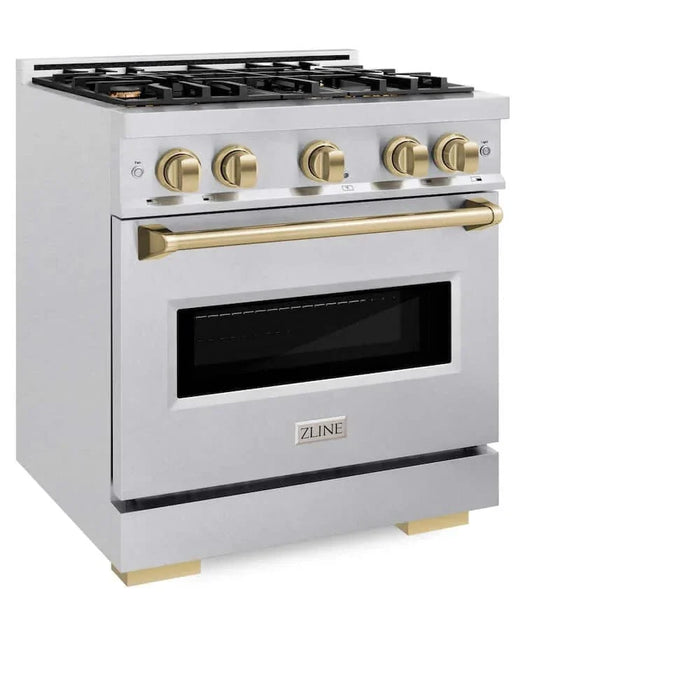 ZLINE 30" Dual Fuel Range, Gas Cooktop, Electric Convection Oven DuraSnow® Stainless Steel, Champagne Bronze CDRSZ-30-CB09K