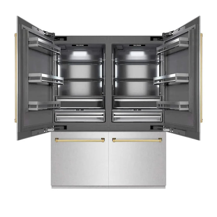 ZLINE 60" Built-In Bottom Freezer Refrigerator with Water Dispenser, Ice Maker, DuraSnow® Stainless Steel, Graphite Gray Interior, Polished Gold GRBIVZ-SN-60-G09K