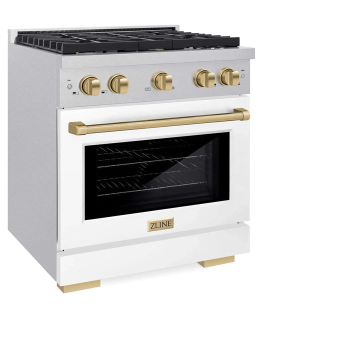 ZLINE 30"Paramount Dual Fuel Range DuraSnow® White Matte, Champagne Bronze SDRSZ-WM-30-CB09K