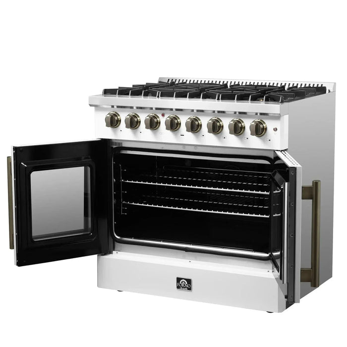 Forno Galiano 36"French DoorDual Fuel Range, Gas Stove, Electric Oven White, Antique Brass Trim, FFSGS6356-36WHT09K
