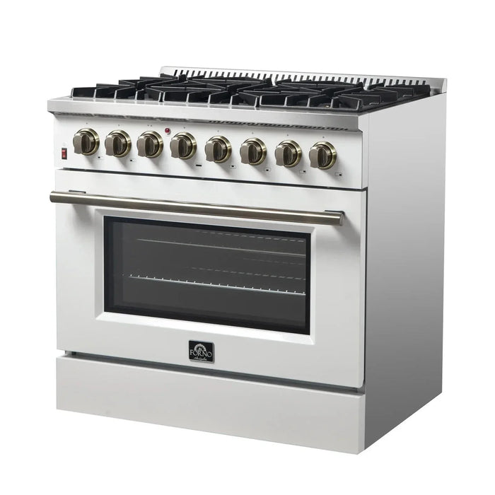 Forno Galiano Gold Professional - 36"Freestanding Dual Fuel Range Gas Stove, Electric Oven White, Antique Brass Trim, FFSGS6156-36WHT09K