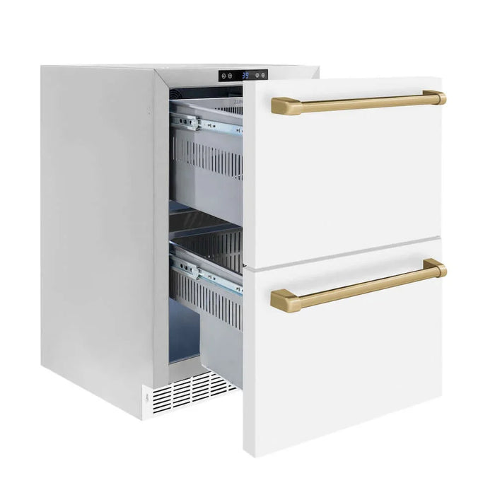 ZLINE Autograph Edition 24" Touchstone 168 Can Outdoor-Rated Dual Refrigerator Drawer, White Matte Door, Accents  RDSOZ-WM-24-CB09K
