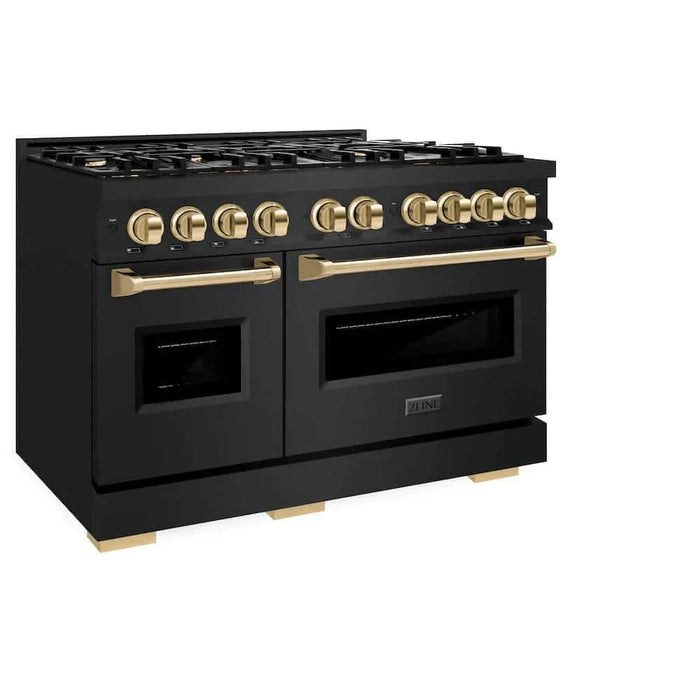 ZLINE 48" Dual Fuel Range, Gas Cooktop, Electric Convection Oven Black Stainless Steel, Gold CDRBZ-48-G09K
