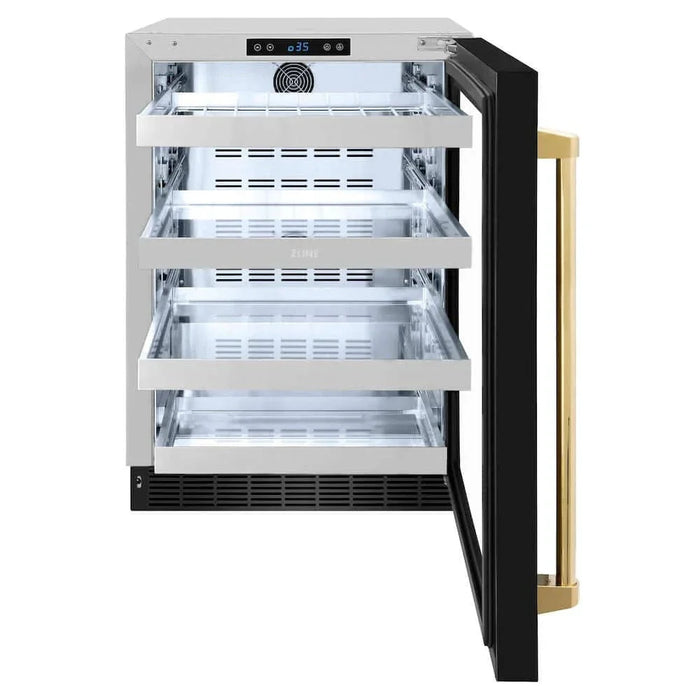 ZLINE 24" Touchstone 151 Can Beverage Fridge Black Stainless Steel Glass Door Gold Handle RBSOZ-BS-24-G09K