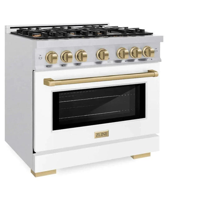 ZLINE 36" Select Dual Fuel Range Gas Cooktop Electric Convection Oven DuraSnow® Stainless Steel White Matte Door Champagne Bronze HDRSZ-WM-36-CB09K