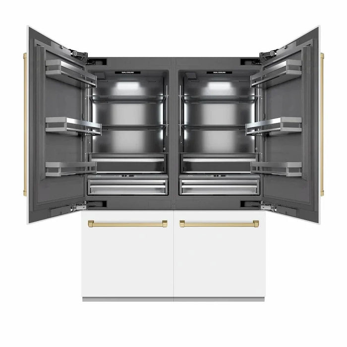 ZLINE 60" Built-In Bottom Freezer Refrigerator with Water Dispenser, Ice Maker, White Matte, Graphite Gray Interior, Champagne Bronze GRBIVZ-WM-60-CB09K