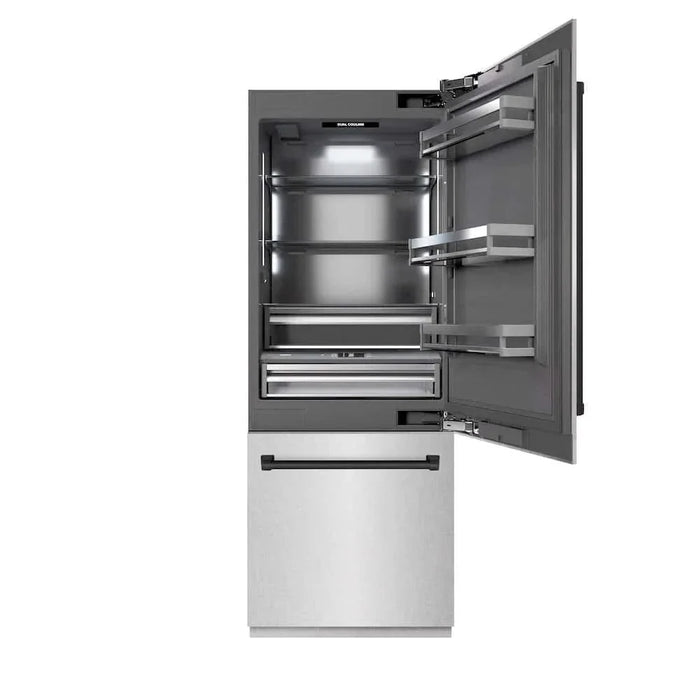ZLINE 30" Built-In Bottom Freezer Refrigerator with Water Dispenser, Ice Maker, DuraSnow® Stainless Steel, Graphite Gray Interior, Matte Black GRBIVZ-SN-30-MB09K