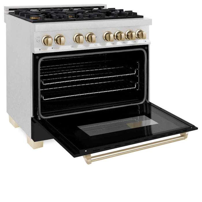 ZLINE 36" Autograph, Dual Fuel Range, Black Door, Gold, RASZ-BLM-36-G09K