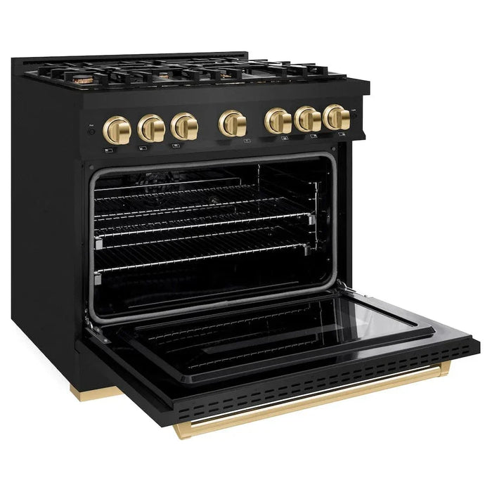 ZLINE 36" Dual Fuel Range, Gas Cooktop, Electric Convection Oven Black Stainless Steel, Gold CDRBZ-36-G09K