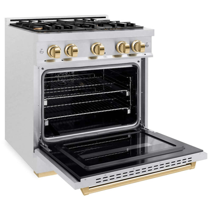 ZLINE 30" Dual Fuel Range, Gas Cooktop, Electric Convection Oven DuraSnow® Stainless Steel, Gold CDRSZ-30-G09K