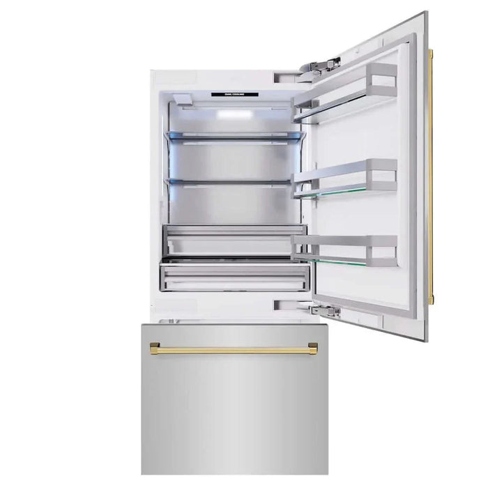 ZLINE 36" Built-In Bottom Freezer Refrigerator,Water Dispenser, Ice Maker, Polished Gold RBITZ-304-36G09K