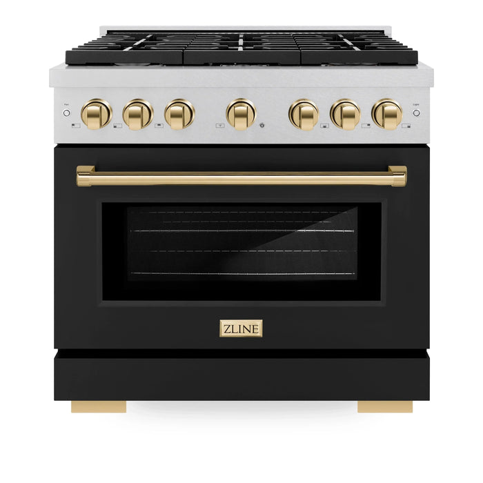 ZLINE 36"Paramount Dual Fuel Range DuraSnow® Black Matte, Gold SDRSZ-BLM-36-G09K