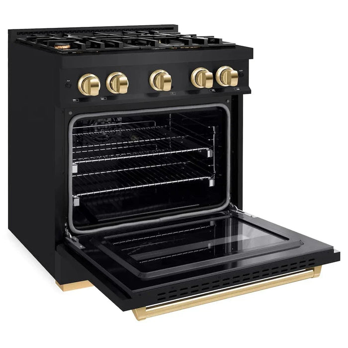 ZLINE 30" Dual Fuel Range, Gas Cooktop, Electric Convection Oven Black Stainless Steel, Gold CDRBZ-30-G09K