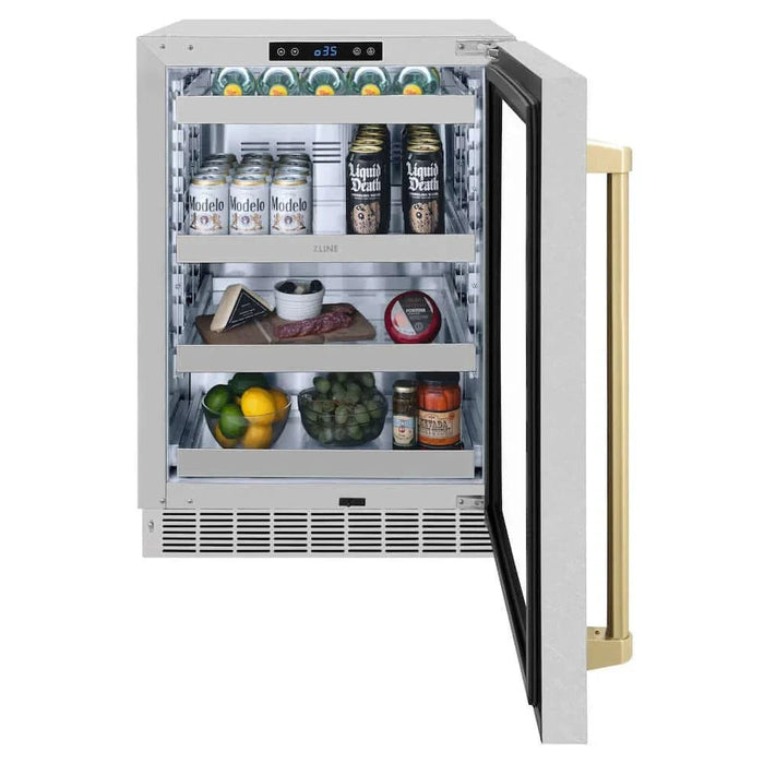 ZLINE 24" Touchstone 151 Can Beverage Fridge DuraSnow® Stainless Steel Glass Door And Champagne Bronze Handle RBSOZ-SN-24-CB09K