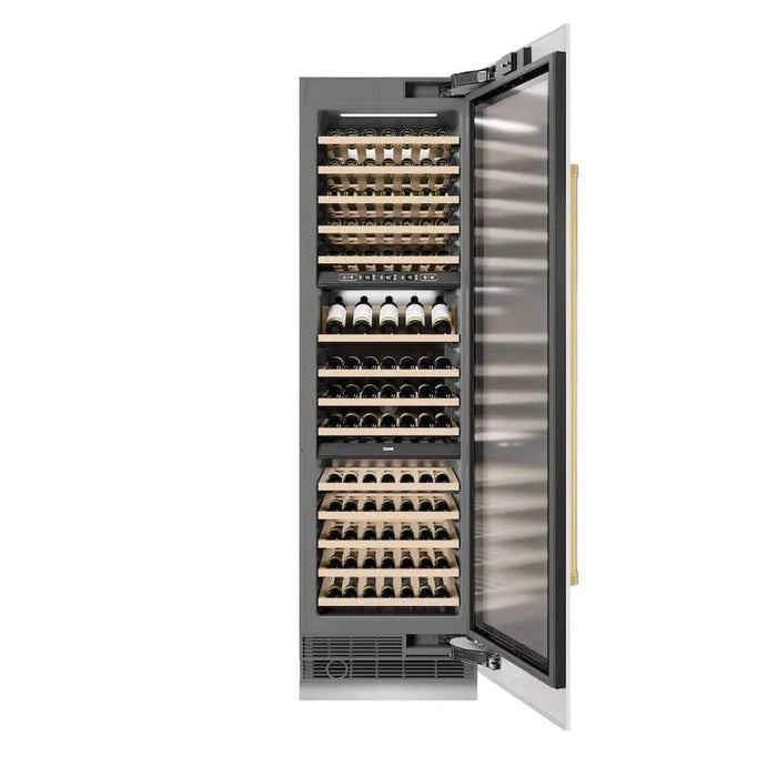ZLINE 24"Triple Zone 100 Bottle Column Wine Cooler, White Matte Stainless Steel Polished Gold RCWVZ-WM-24-G09K