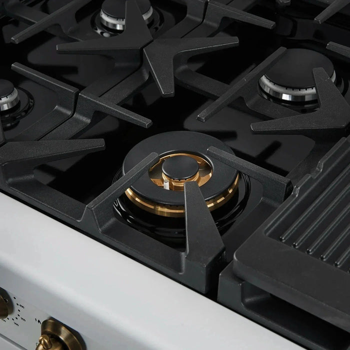 Forno Antico 48"Dual Range, 8 Gas Burner Cooktop, Electric Convection Oven White, Antique Brass Trim, FFSGS6113-48WHT09K