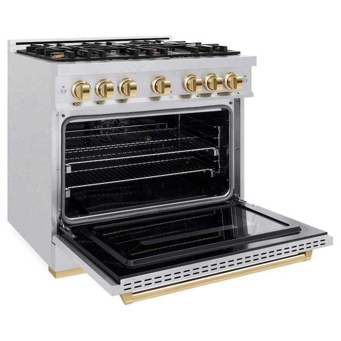 ZLINE 36" Dual Fuel Range, Gas Cooktop, Electric Convection Oven DuraSnow® Stainless Steel, Gold CDRSZ-36-G09K