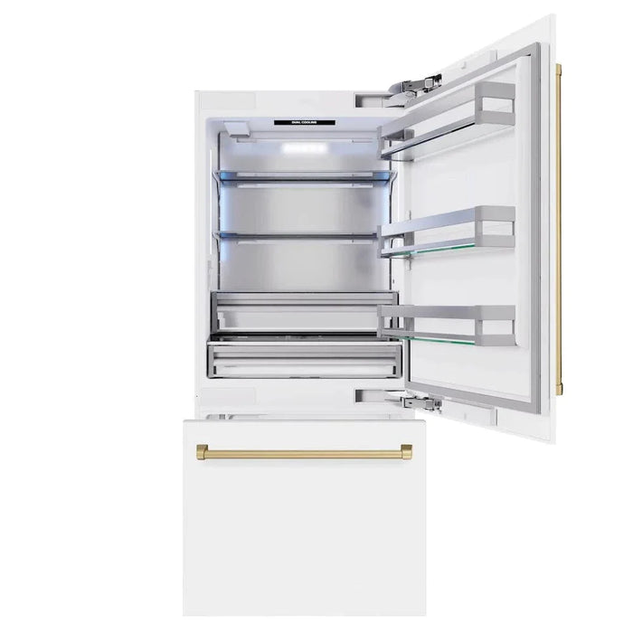 ZLINE 36" Built-In Bottom Freezer Refrigerator,Water Dispenser, Ice Maker, White Matte Champagne Bronze RBITZ-WM-36-CB09K