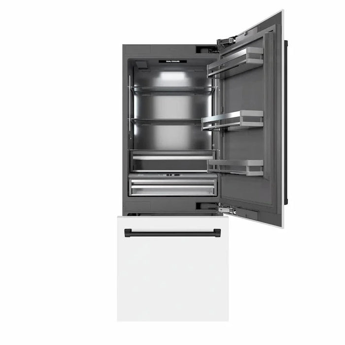ZLINE 30" Built-In Bottom Freezer Refrigerator with Water Dispenser, Ice Maker, White Matte, Graphite Gray Interior, Matte Black GRBIVZ-WM-30-MB09K