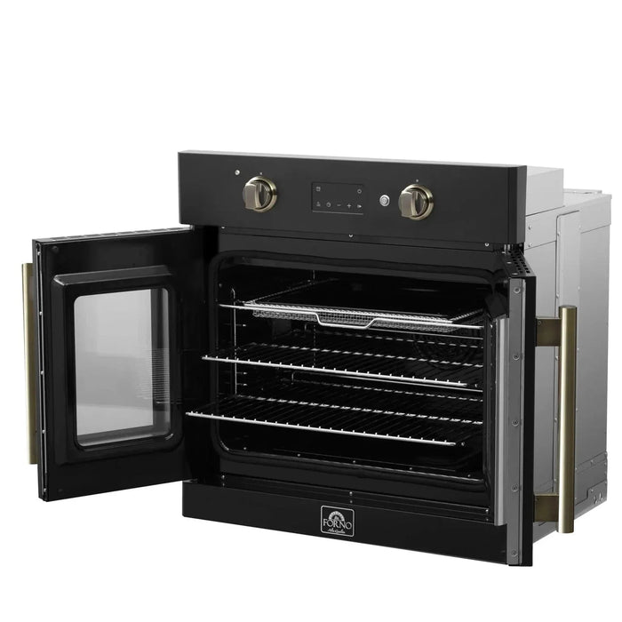 Forno Asti 30"French Door Electric Wall Oven in Black with Antique Brass Trim, FBOEL1333-30BLK09K