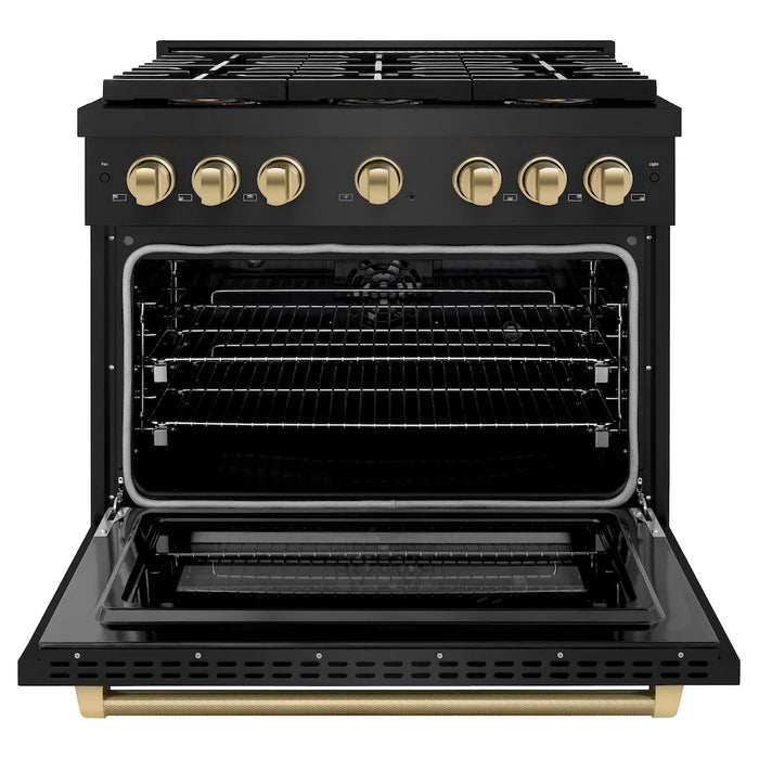 ZLINE Autograph Edition 36" Paramount Gas Range, Cooktop, Gas Convection Oven, Black Stainless Steel, Helix Handle SGRBZ-36-KCB09K