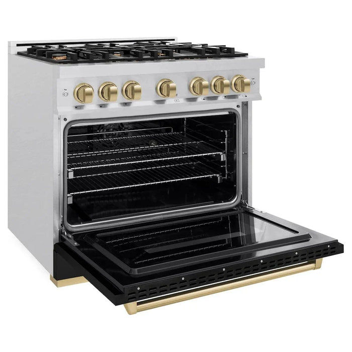 ZLINE 36" Dual Fuel Range, Gas Cooktop, Electric Convection Oven DuraSnow®Stainless Steel, Black Matte Door Champagne Bronze CDRSZ-BLM-36-CB09K
