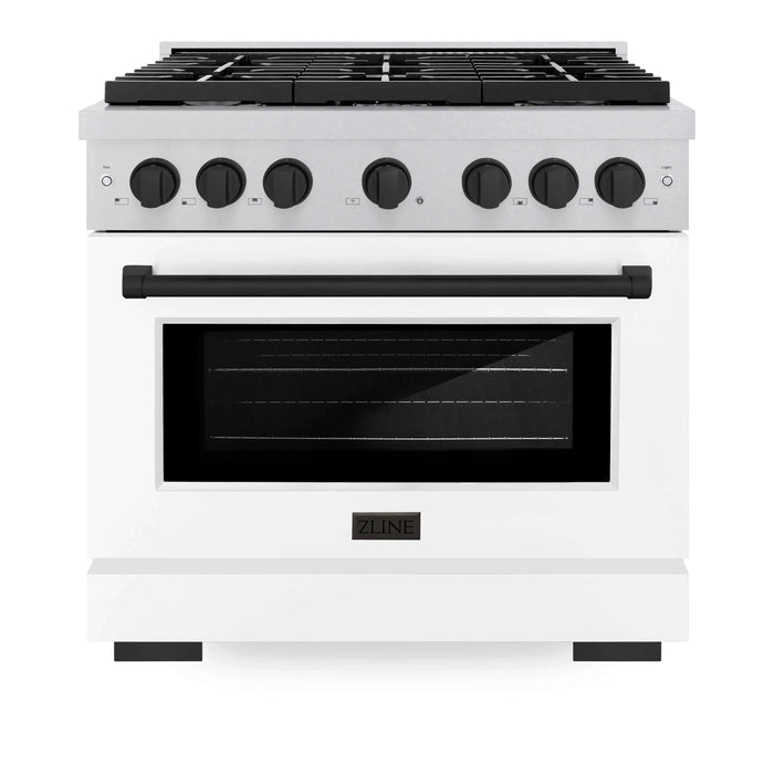 ZLINE 36"Paramount Dual Fuel Range DuraSnow® White Matte, Matte Black SDRSZ-WM-36-MB09K