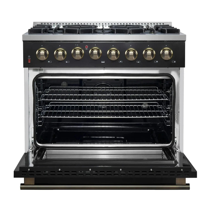 Forno Galiano Gold Professional - 36"Freestanding Dual Fuel Range Gas Stove, Electric Oven Black, Antique Brass Trim, FFSGS6156-36BLK09K