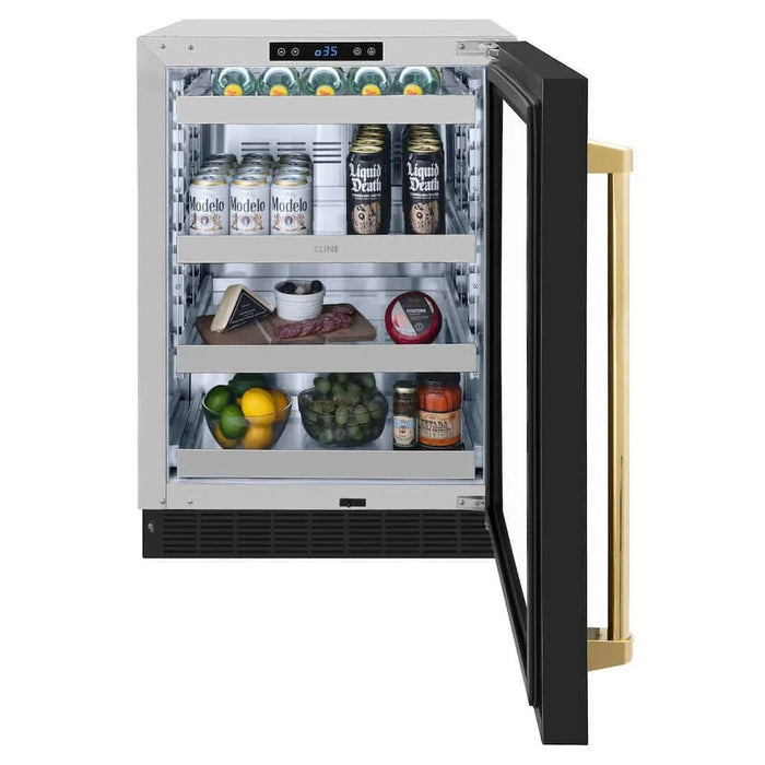 ZLINE 24" Touchstone 151 Can Beverage Fridge Black Matte Glass Door Gold RBSOZ-BLM-24-G09K