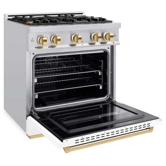 ZLINE 30" Classic Gas Range, Convection Gas Oven Stainless Steel, White Matte Door Polished Gold CGRZ-WM-30-G09K