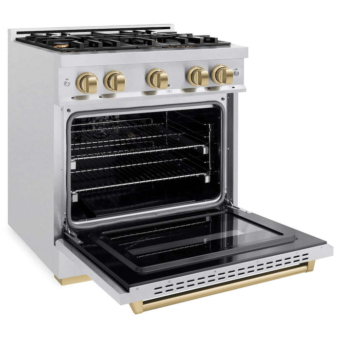 ZLINE 30" Dual Fuel Range, Gas Cooktop, Electric Convection Oven DuraSnow® Stainless Steel, Champagne Bronze CDRSZ-30-CB09K
