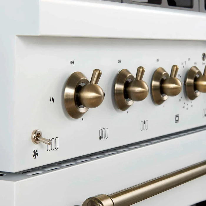 Forno Antico 36" Dual Fuel Range White and Antique Brass Design 6 Sealed Gas Burners Electric Convection Oven , FFSGS6113-36WHT09K