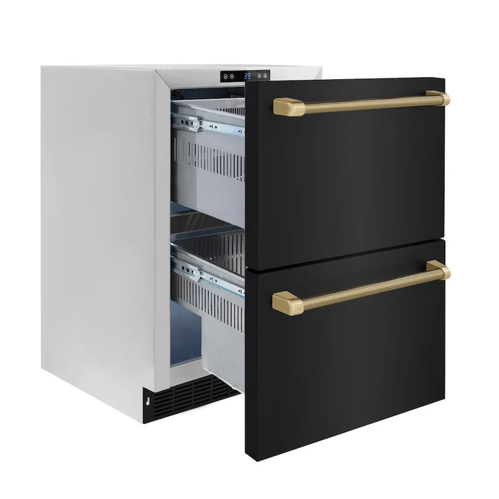 ZLINE Autograph Edition 24" Touchstone 168 Can Outdoor-Rated Dual Refrigerator Drawer, Black Stainless Steel Doors, Helix Handles RDSOZ-BS-24-KCB09K