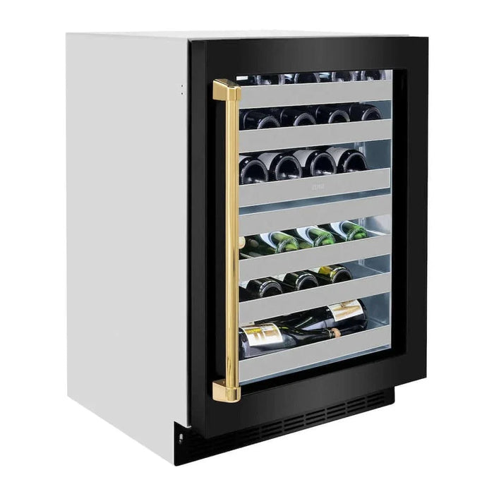 ZLINE 24" Touchstone Dual Zone 44 Bottle Wine Cooler Black Stainless Steel Glass Door Polished Gold Handle  RWDOZ-BS-24-G09K