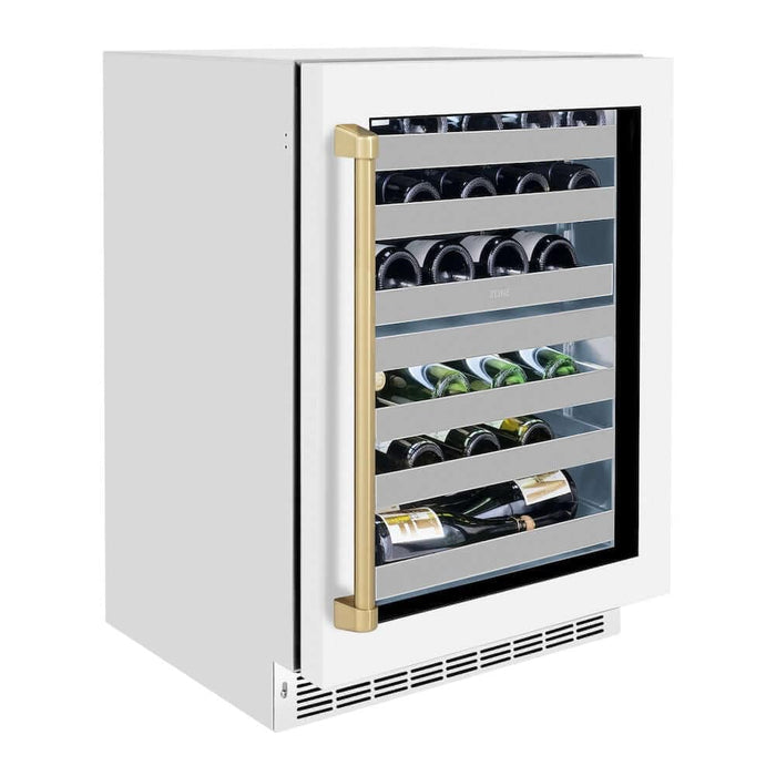 ZLINE 24" Touchstone Dual Zone 44 Bottle Wine Cooler White Matte Glass Door Champagne Bronze Handle RWDOZ-WM-24-CB09K