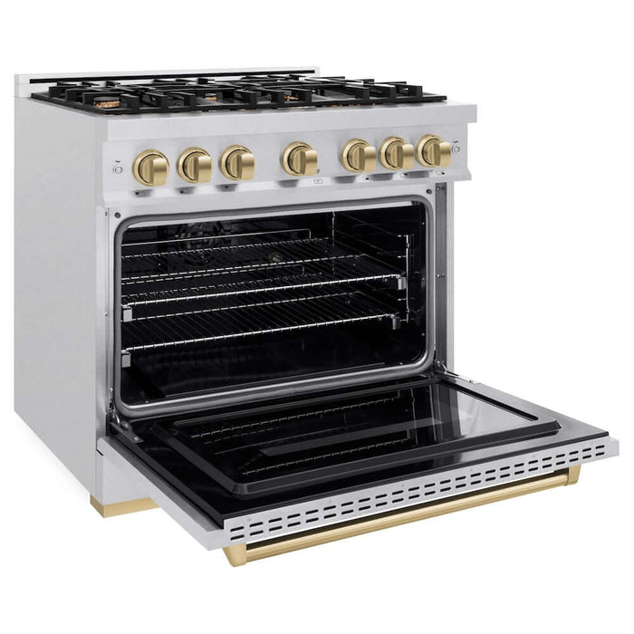 ZLINE 36" Dual Fuel Range, Gas Cooktop, Electric Convection Oven DuraSnow® Stainless Steel, Champagne Bronze CDRSZ-36-CB09K