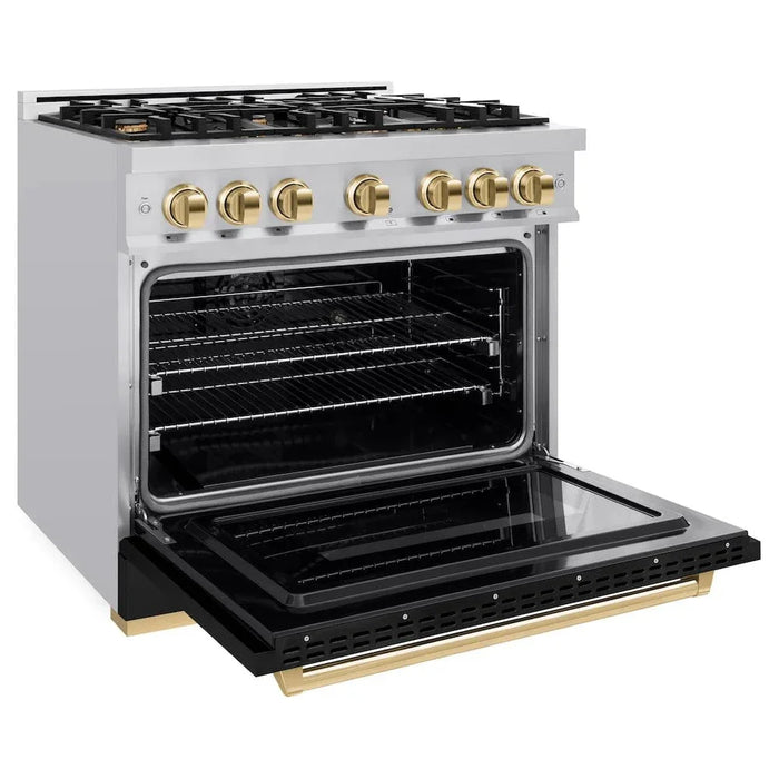 ZLINE 36" Dual Fuel Range, Gas Cooktop, Electric Convection Oven Stainless Steel, Black Matte Door Polished Gold CDRZ-BLM-36-G09K
