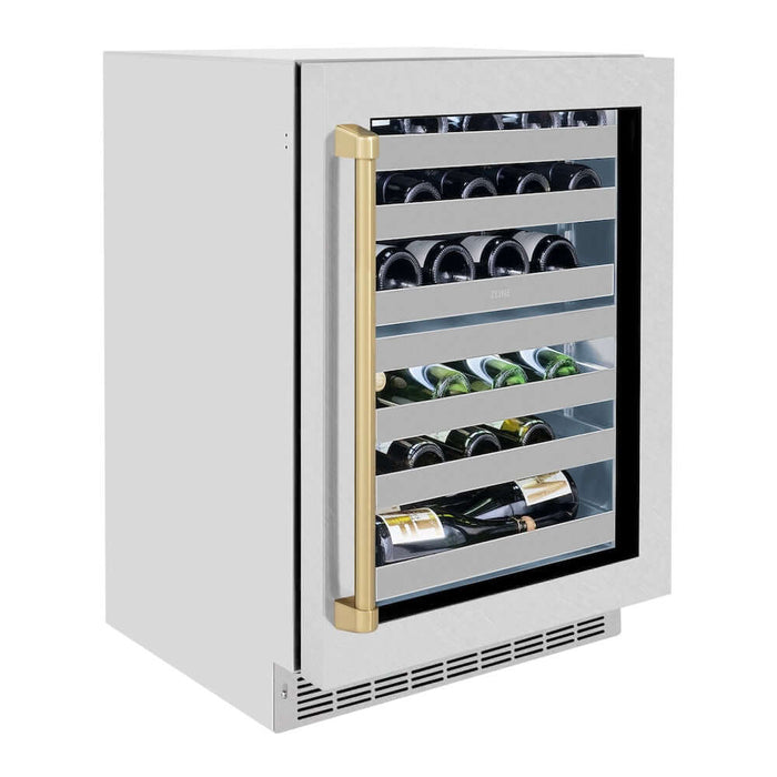 ZLINE 24" Touchstone Dual Zone 44 Bottle Wine Cooler DuraSnow® Stainless Steel Glass Door Champagne Bronze Handle RWDOZ-SN-24-CB09K